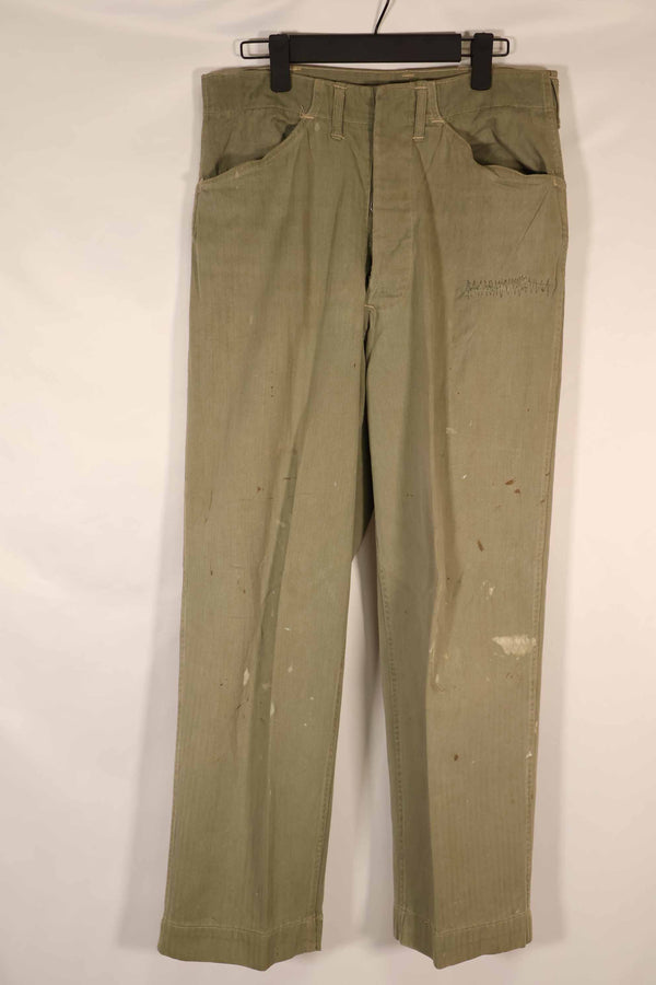 実物 1940年代 アメリカ海兵隊 USMC M42 HBT ユーティリティパンツ 退色 汚れあり