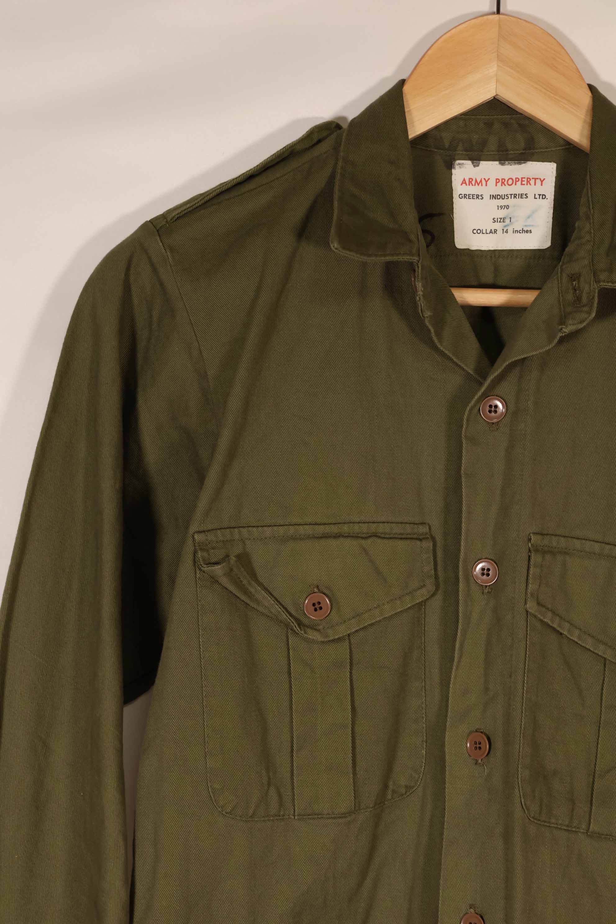 実物 1970年製 ニュージーランド軍 OD ファティーグシャツ Size 1 中古品