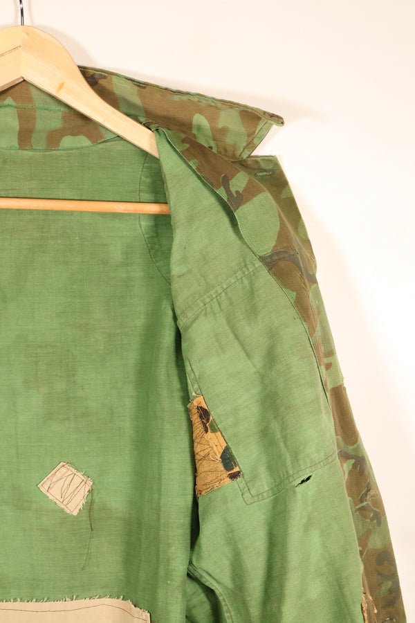 1970年代前半　大きめサイズ　ARVN　南ベトナム空挺師団　リーフ迷彩　シャツ　補修あり　中古品
