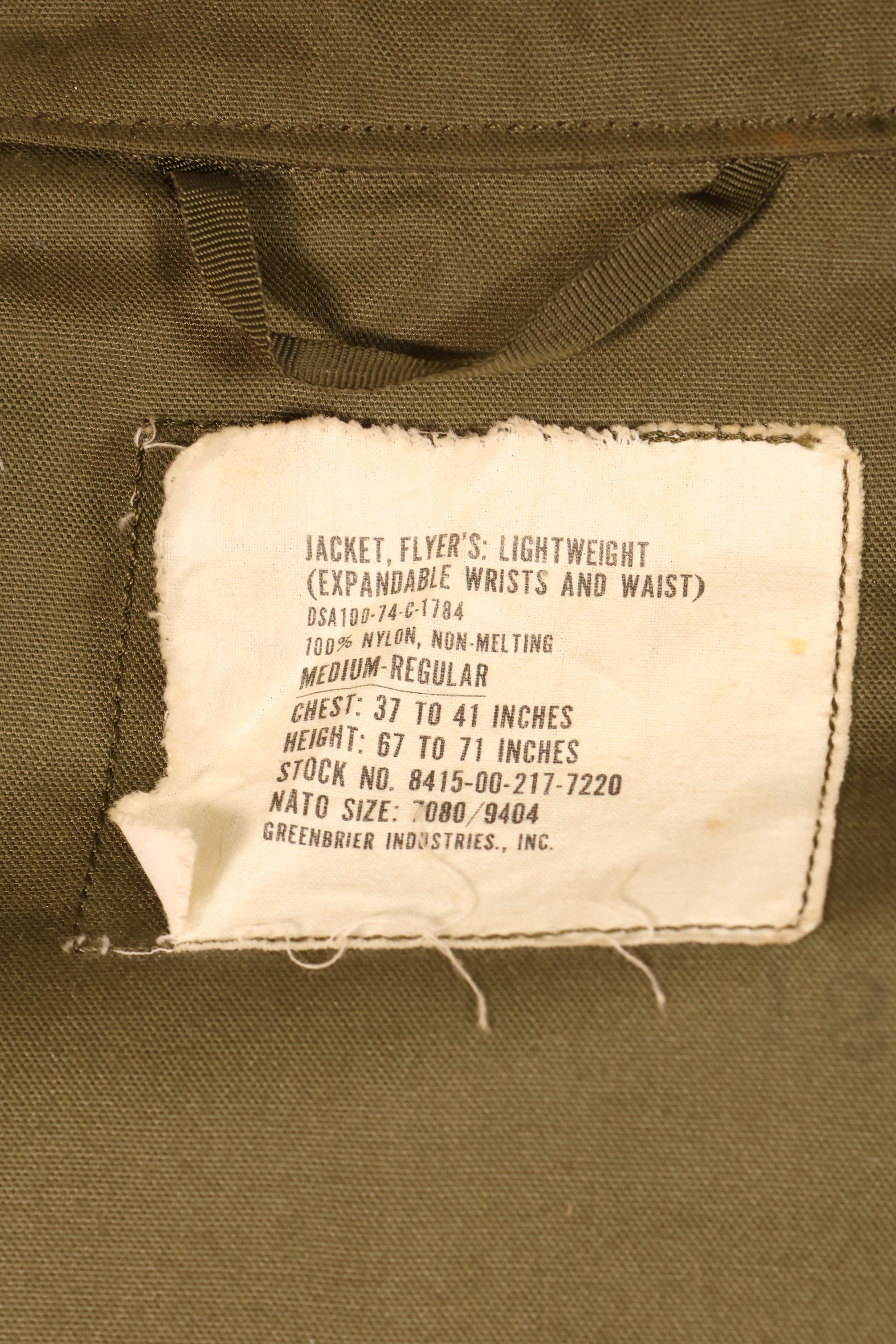 1974年契約　M-R　アメリカ陸軍　パイロット　ライトウェイトジャケット　フライトジャケット　中古品