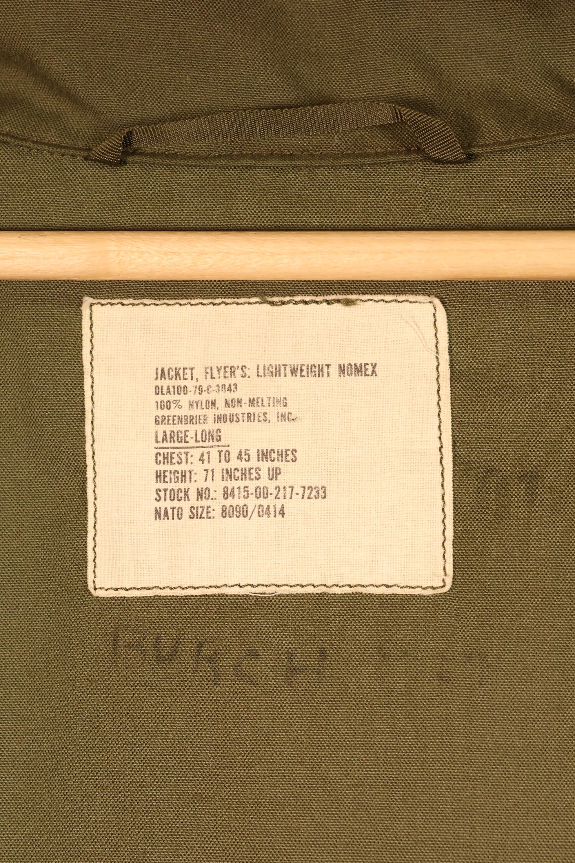 1979年契約　L-L　NOMEX　アメリカ陸軍　パイロット　ライトウェイトジャケット　フライト　ジッパー破損あり　中古品