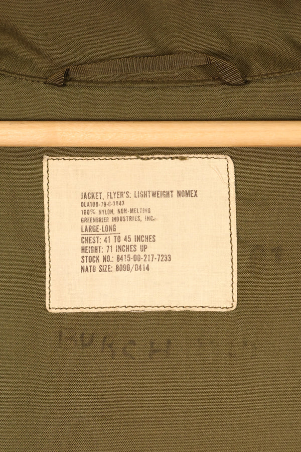 1979年契約　L-L　NOMEX　アメリカ陸軍　パイロット　ライトウェイトジャケット　フライト　ジッパー破損あり　中古品